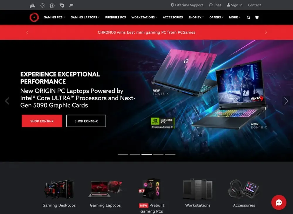 Screenshot of OriginPC.com homepage showing improved accessibility layout and contrast
